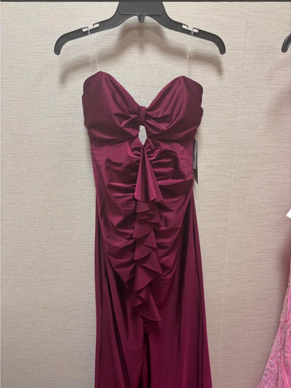 Strapless Burgundy Ruffle Front Formal Dress